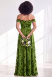 Off The Shoulder Fuchsia Floral Velvet A-Line Long Bridesmaid Dress