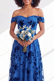 Off The Shoulder Fuchsia Floral Velvet A-Line Long Bridesmaid Dress