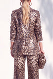 Coffee Leopard Sequins Pantsuits Notched Lapel Long Women Suits with Pockets