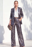 Coffee Leopard Sequins Pantsuits Notched Lapel Long Women Suits with Pockets