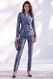 Dark Blue Printed Fitted Peak Lapel Long Women Suits