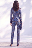 Dark Blue Printed Fitted Peak Lapel Long Women Suits