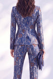 Dark Blue Printed Fitted Peak Lapel Long Women Suits