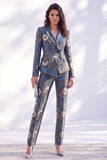 Dark Blue Printed Fitted Peak Lapel Long Women Suits