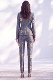 Dark Blue Printed Fitted Peak Lapel Long Women Suits