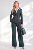 Vintage Green Grid Printed Pantsuits Notched Lapel Long Women Suits