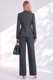 Vintage Green Grid Printed Pantsuits Notched Lapel Long Women Suits