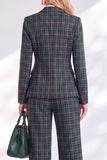 Vintage Green Grid Printed Pantsuits Notched Lapel Long Women Suits