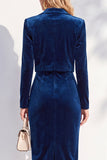 Burgundy Velvet Bodycon Notched Lapel Long Sleeves Midi Women Suits
