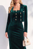Burgundy Velvet Bodycon Notched Lapel Long Sleeves Midi Women Suits