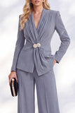 Berlin Blue Pantsuits V-Neck Ruched Long Women Suits