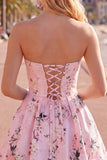 Pink Satin Strapless A-Line Floral Homecoming Dress with Lace Up Back