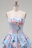 Strapless Blue A-Line Satin Floral Homecoming Dress with Lace Up Back