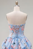 Strapless Blue A-Line Satin Floral Homecoming Dress with Lace Up Back