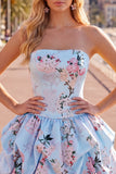 Strapless Blue A-Line Satin Floral Homecoming Dress with Lace Up Back
