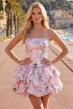 Strapless Blue A-Line Satin Floral Homecoming Dress with Lace Up Back