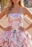 Strapless Blue A-Line Satin Floral Homecoming Dress with Lace Up Back