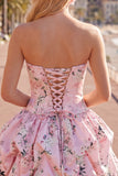 Strapless Blue A-Line Satin Floral Homecoming Dress with Lace Up Back