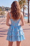 Blue Chiffon Corset Tiered Floral A-Line Square Neck Short Homecoming Dress