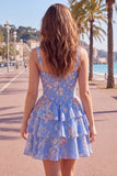 Blue Chiffon Corset Tiered Floral A-Line Square Neck Short Homecoming Dress