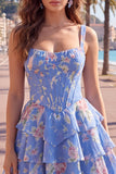 Blue Chiffon Corset Tiered Floral A-Line Square Neck Short Homecoming Dress
