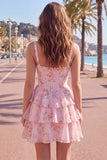 Blue Chiffon Corset Tiered Floral A-Line Square Neck Short Homecoming Dress