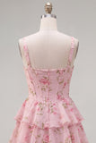 Blue Chiffon Corset Tiered Floral A-Line Square Neck Short Homecoming Dress