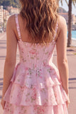 Blue Chiffon Corset Tiered Floral A-Line Square Neck Short Homecoming Dress