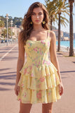 Blue Chiffon Corset Tiered Floral A-Line Square Neck Short Homecoming Dress