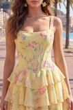 Blue Chiffon Corset Tiered Floral A-Line Square Neck Short Homecoming Dress