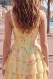 Blue Chiffon Corset Tiered Floral A-Line Square Neck Short Homecoming Dress