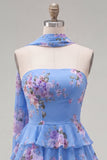Yellow Strapless Tiered Floral A-Line Ruffle Short Homecoming Dress