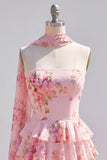 Yellow Strapless Tiered Floral A-Line Ruffle Short Homecoming Dress