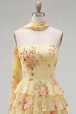 Yellow Strapless Tiered Floral A-Line Ruffle Short Homecoming Dress
