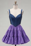 Pink Fuchsia A-Line Corset 2 Piece Thick Straps Short Homecoming Dress with Ruffles