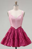 Pink Fuchsia A-Line Corset 2 Piece Thick Straps Short Homecoming Dress with Ruffles