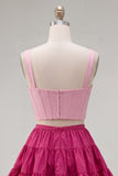 Pink Fuchsia A-Line Corset 2 Piece Thick Straps Short Homecoming Dress with Ruffles