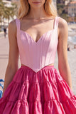 Pink Fuchsia A-Line Corset 2 Piece Thick Straps Short Homecoming Dress with Ruffles