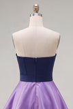 A-Line Navy Purple Satin Sweetheart Ruffled Homecoming Dress with Bow