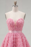 Sweetheart Pink A-Line 3D Floral Short Homecoming Dress with Lace Up Back