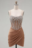 Khaki Bodycon Ruched Spaghetti Straps Lace Up Back Homecoming Dress with Beading