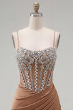 Khaki Bodycon Ruched Spaghetti Straps Lace Up Back Homecoming Dress with Beading