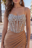 Khaki Bodycon Ruched Spaghetti Straps Lace Up Back Homecoming Dress with Beading