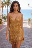 Golden Bodycon Spaghetti Straps Short Homecoming Dress with Fringes