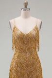 Golden Bodycon Spaghetti Straps Short Homecoming Dress with Fringes