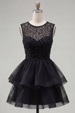 Yellow A-Line Round Neck Tiered Short Homecoming Dress with Pearls