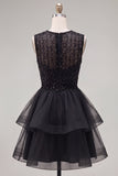 Yellow A-Line Round Neck Tiered Short Homecoming Dress with Pearls