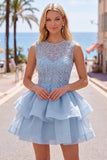 Yellow A-Line Round Neck Tiered Short Homecoming Dress with Pearls