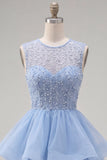 Yellow A-Line Round Neck Tiered Short Homecoming Dress with Pearls