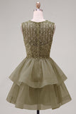 Yellow A-Line Round Neck Tiered Short Homecoming Dress with Pearls